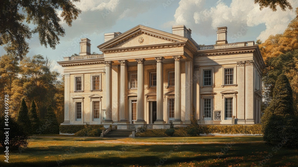 Obraz premium Neoclassical Mansion in Autumnal Setting