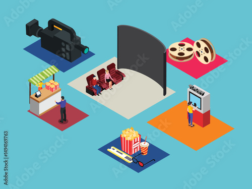  Isometric Movie Theater Experience vector illustration