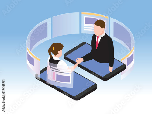 Isometric Online Business Meeting and Handshake