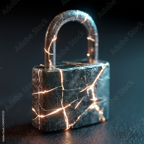 Glowing digital padlock with cracked screen symbolizing cybersecurity vulnerability and data breach risk, concept of online safety and digital protection