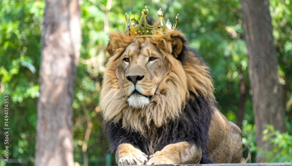 Obraz premium Majestic Lion with Crown: A regal lion, adorned with a golden crown, exudes an air of power and dominance, capturing the essence of the animal kingdom's royalty.