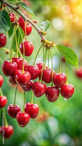 Freshly picked wet red cherries hanging from green branches with tiny leaves and stems