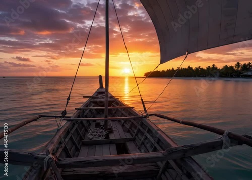 Sunset view from a traditional wooden boat sailing on calm ocean waters. The sun is setting in a vibrant display of orange and purple hues.