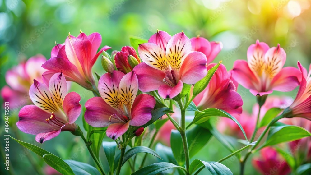 Obraz premium Vibrant pink Alstroemeria flowers in full bloom on a lush green background