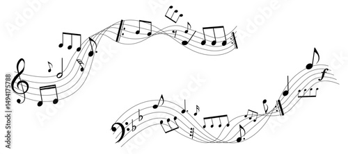 遠近感のある楽譜のフレームイラスト　五線譜　背景イラスト　音符、休符、音楽記号のイラスト	
