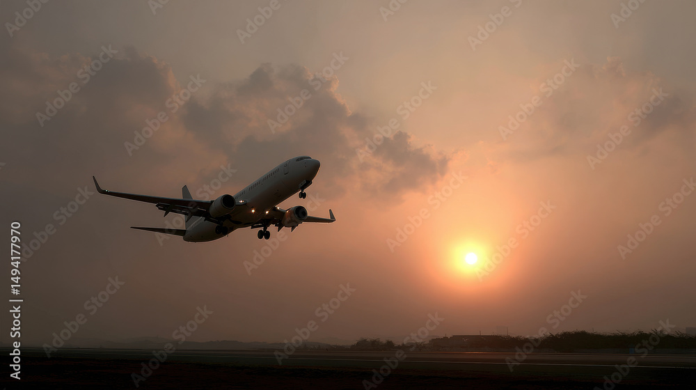 Fototapeta premium airplane takes off against stunning sunset backdrop sky painted in warm hues
