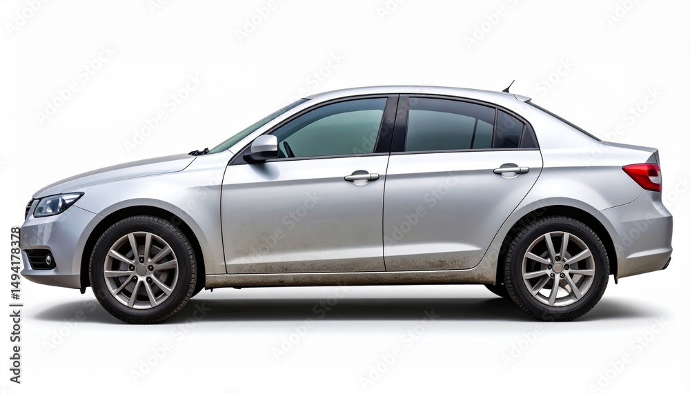 Obraz premium Urban Dust-Covered Sedan – Side View Isolated on White