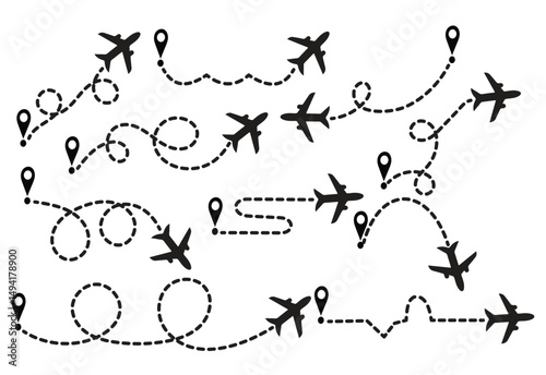 Airplane Route Icon with Dotted Line Path – Travel Flight Map Vector
