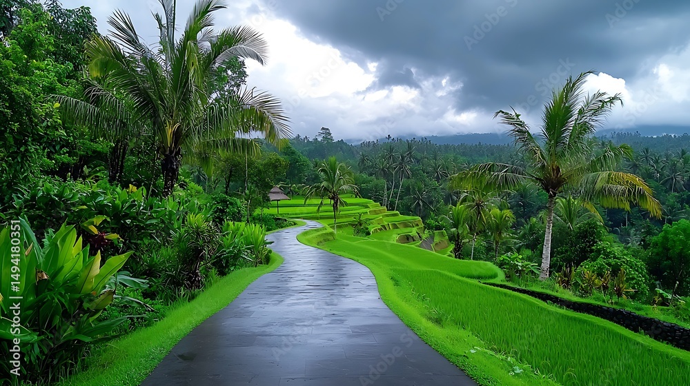 Fototapeta premium there is a wet road going through the middle of a lush green field