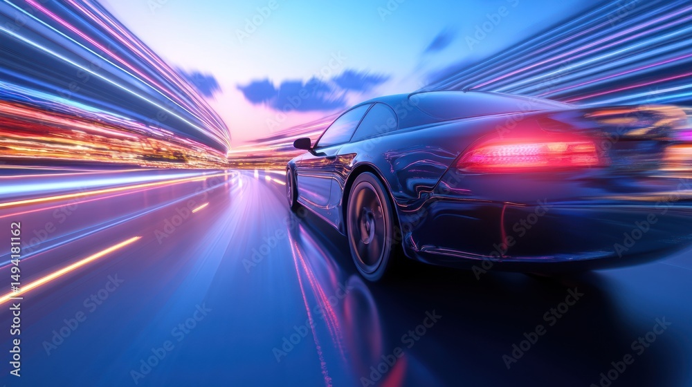 Naklejka premium Dynamic blurred motion of a dark car with glowing taillights at dusk