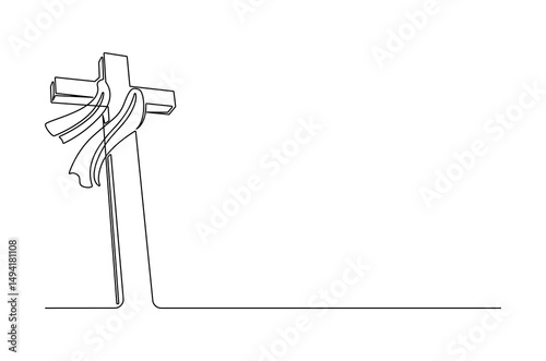 Continuous one line drawing of Jesus crucifixion wrapped flying cloth. Single line drawing illustration of A cross with flying cloth. Happy Ascension Day concept vector art. Doodle line illustration.