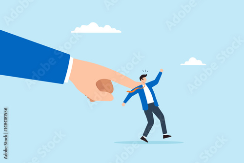 Flat illustration of business person pushed by giant hand workplace pressure manipulation external force or job dismissal