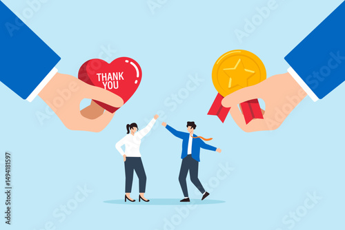 Flat illustration of employees appreciated and rewarded with hands giving thank you heart and gold medal employee recognition motivation and workplace appreciation