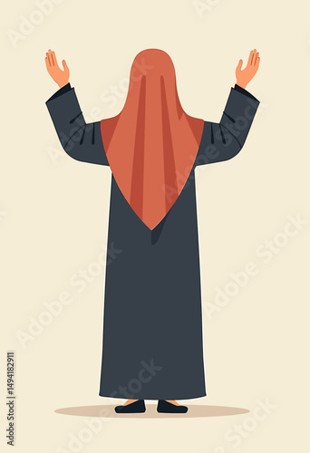 Flat minimalist illustration of a Muslim person in hijab or kufi, standing with hands raised in prayer or praise, symbolizing peace, faith, and spiritual devotion
