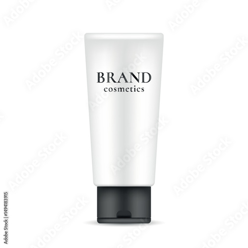 Realistic cosmetic tube with BRAND cosmetics label on white background. Packaging template for branding and design