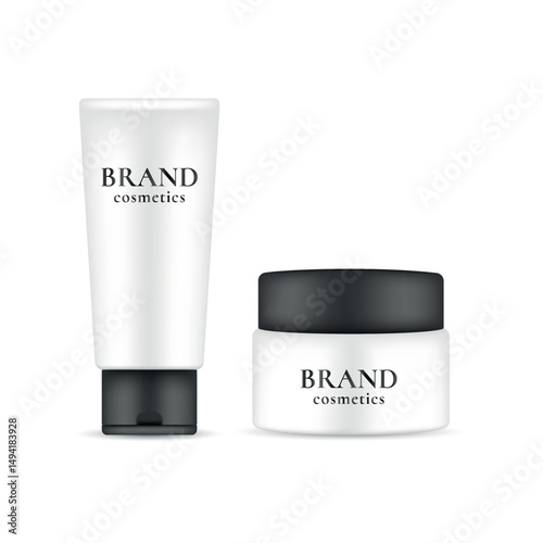 Cosmetic set — realistic tube and jar with BRAND cosmetics label. Packaging template for skincare and branding