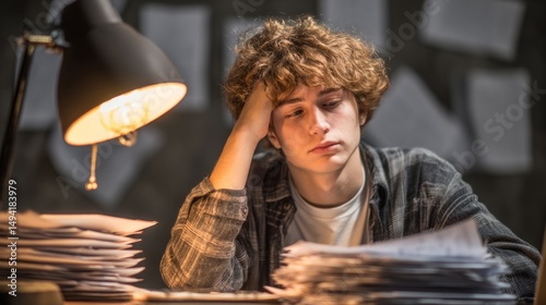 Young adult holding a stack of papers with dollar signs, looking stressed und...