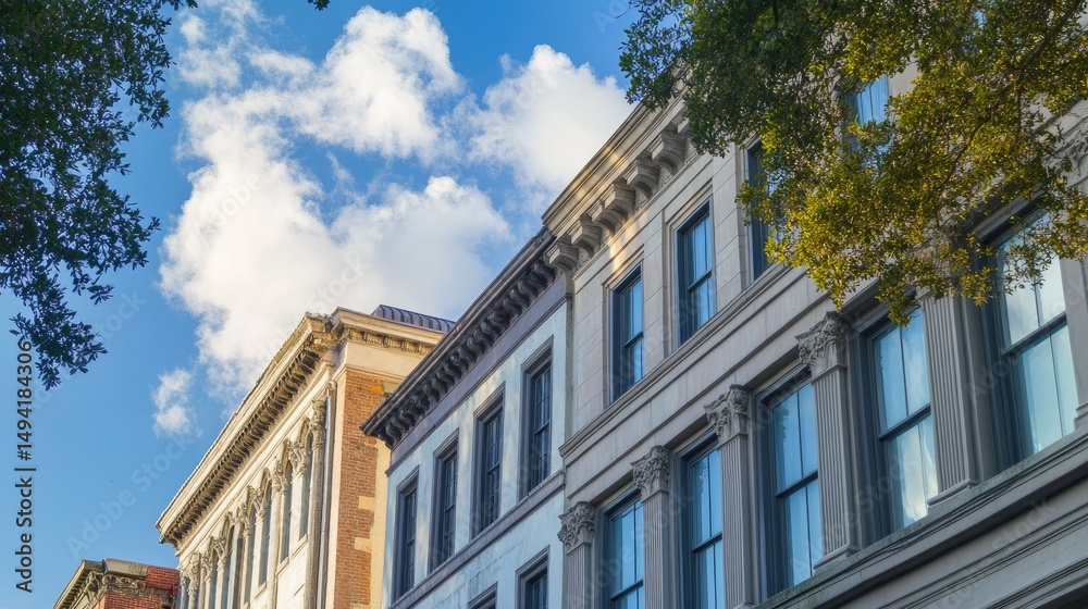 Fototapeta premium Architectural Gems: Elegant Buildings under a Blue Sky