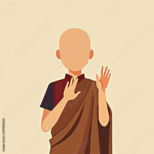 Minimalist spiritual icon of a monk-like person with simple robe, hand raised in tranquil pose, flat vector style with no gender cues
