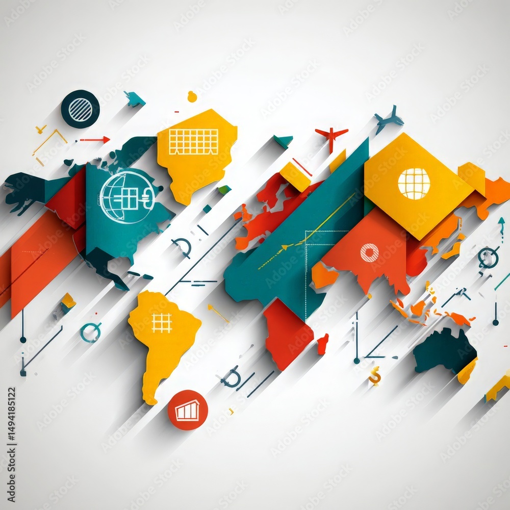 Fototapeta premium Colorful Geometric World Map Design with Icons Representing Global Connections, Technology, and Data Visualization for Modern Business Concepts