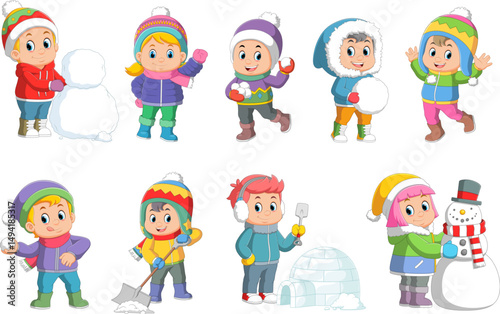 Children playing outside snowballs. Kids playing in winter outdoors. Colorful cartoon characters.