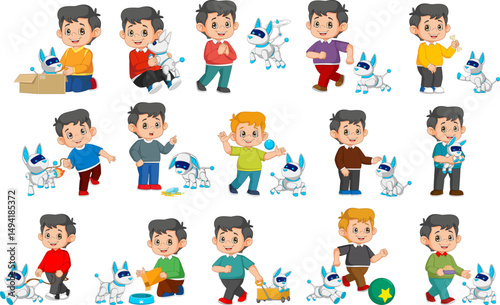 boys playing with mechanical pets. Happy smiling children and spending time with robotic dogs. Modern robot technology concept.