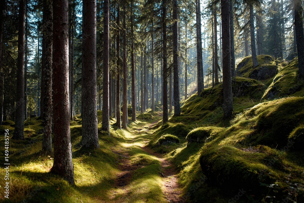 Obraz premium Sunlit Path Through Mossy Forest