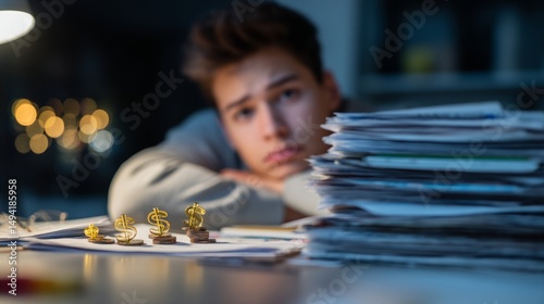 Young adult holding a stack of papers with dollar signs, looking stressed und...