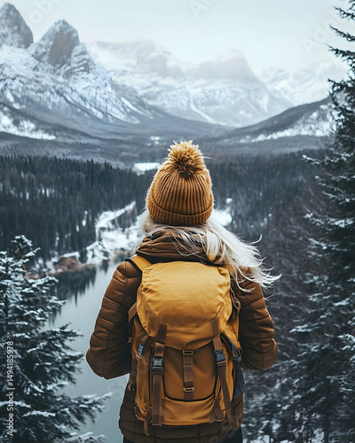 A woman hiker gazes at a wintry mountain landscape.