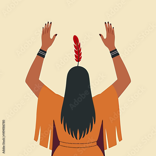 Flat vector of a tribal figure raising both hands in ritual gesture, wearing traditional attire with symbolic feathers, designed in minimal spiritual style
