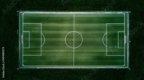 Aerial view of a meticulously maintained green soccer field, the white lines sharply defining its boundaries and center markings.