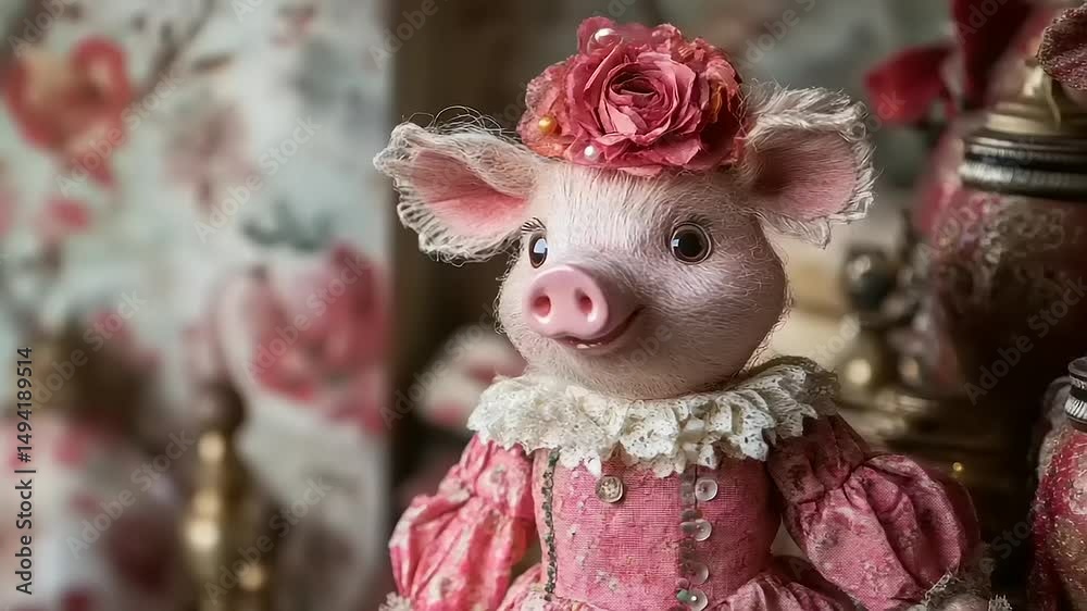 Charming Handmade Pig in Pink Dress