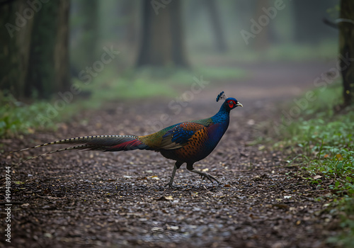 Colorful pheasant on forest path photo