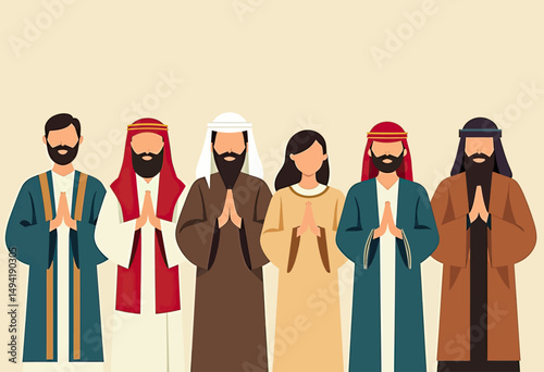 Flat minimalist illustration showing a line of interfaith figures with raised hands, symbolizing global unity across beliefs and traditions

