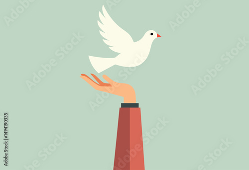 Universal peace symbol in vector style: person with raised hand and dove hovering above, rendered in minimalist flat design with no gender cues
