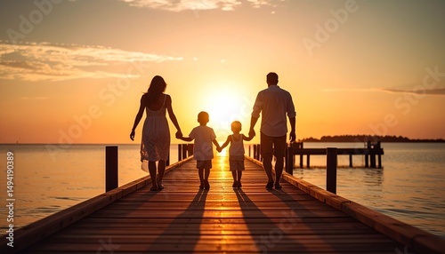 Silhouette of a family walking on a wooden pier towards the sunset, holding hands, creating a peaceful and heartwarming scene with vibrant orange hues