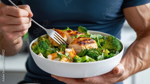 Muscular man holds a white bowl filled with grilled chicken and broccoli while eating it with a fork in a bright modern kitchen promoting a healthy diet.