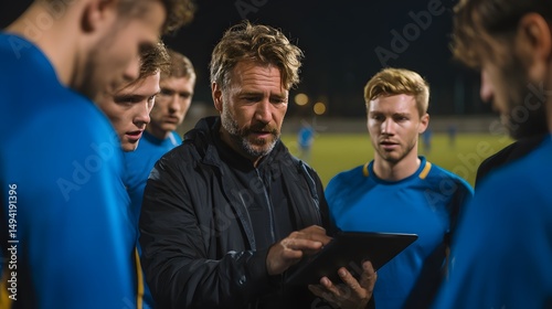 Soccer coach using a tablet to analyze strategy with his players on a sports field, discussing tactics and game plans under the stadium lights.