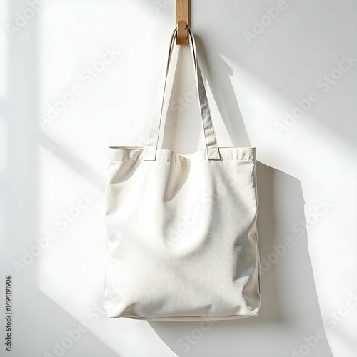 Tote bag mockup with neutral fabric, hanging on a hook, isolated on white background, clean minimalist style, copyspace for branding design
