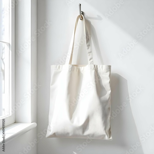 Tote bag mockup with neutral fabric, hanging on a hook, isolated on white background, clean minimalist style, copyspace for branding design
