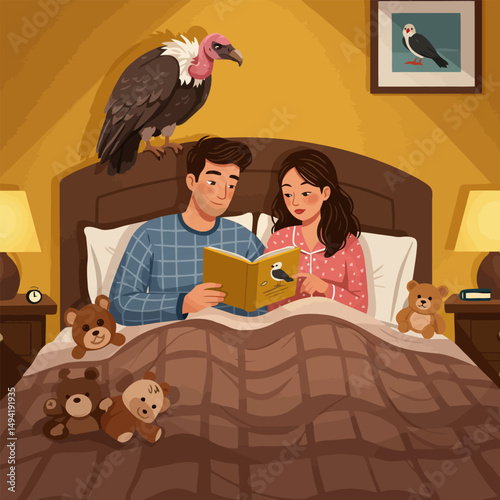 Couple Reading Bird Book with Vulture and Bird Painting Indoors