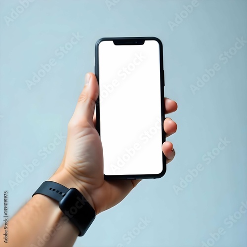 Modern smartphone mockup with blank white screen, held by a hand in front of neutral background, realistic lighting, clean tech presentation, copyspace for UI design
