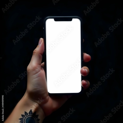 Modern smartphone mockup with blank white screen, held by a hand in front of neutral background, realistic lighting, clean tech presentation, copyspace for UI design
