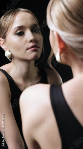 Video of young blonde woman near mirror on black background. Female in black dress with straps and earring. Female beauty makeup concept.