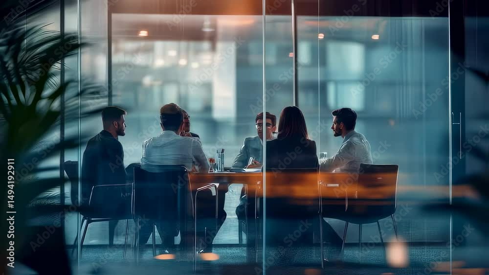 Business team meets in modern office boardroom discussing project strategy