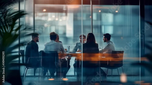 Business team meets in modern office boardroom discussing project strategy