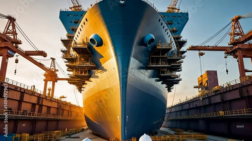 Giant Blue Cargo Ship in Dry Dock Surrounded by Cranes and Industrial Equipment for Maintenance