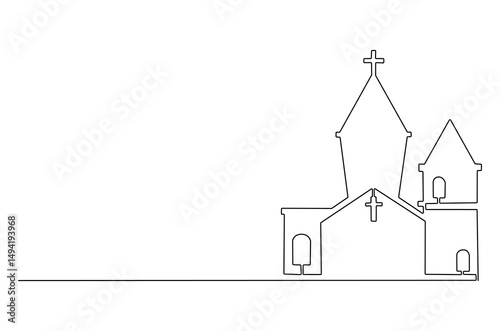 Continuous one line drawing of Church building. Single line drawing illustration of Church Catholic worship. Happy Ascension Day concept vector art. Doodle line illustration.