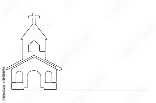 Continuous one line drawing of Church building. Single line drawing illustration of Church Catholic worship. Happy Ascension Day concept vector art. Doodle line illustration.