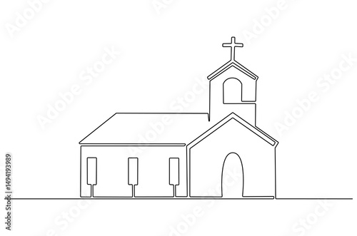 Continuous one line drawing of Church building. Single line drawing illustration of Church Catholic worship. Happy Ascension Day concept vector art. Doodle line illustration.